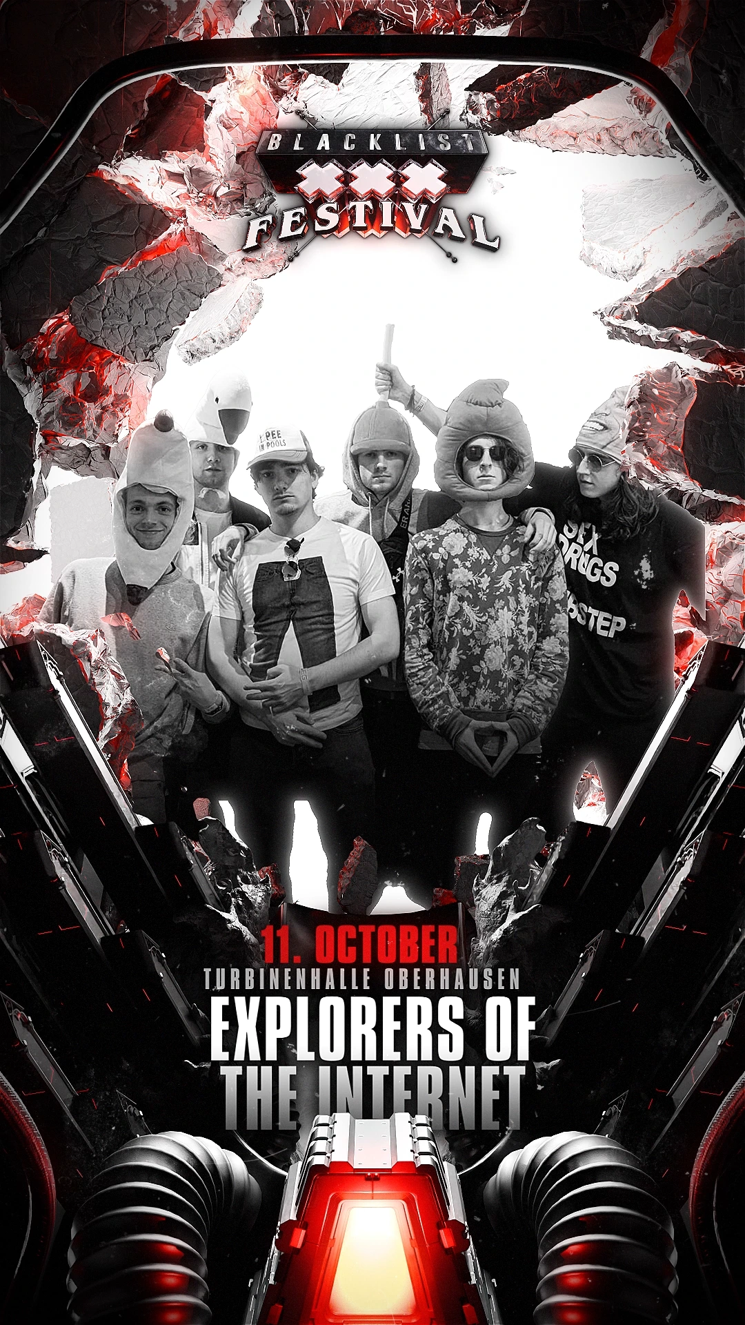 Poster for Blacklist Festival in Oberhausen, showcasing the Explorers of the Internet.
