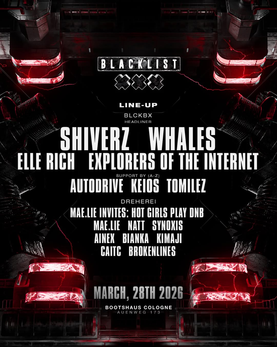 Poster for Blacklist Opening 2026 at Bootshaus, where Explorers of the Internet are playing.