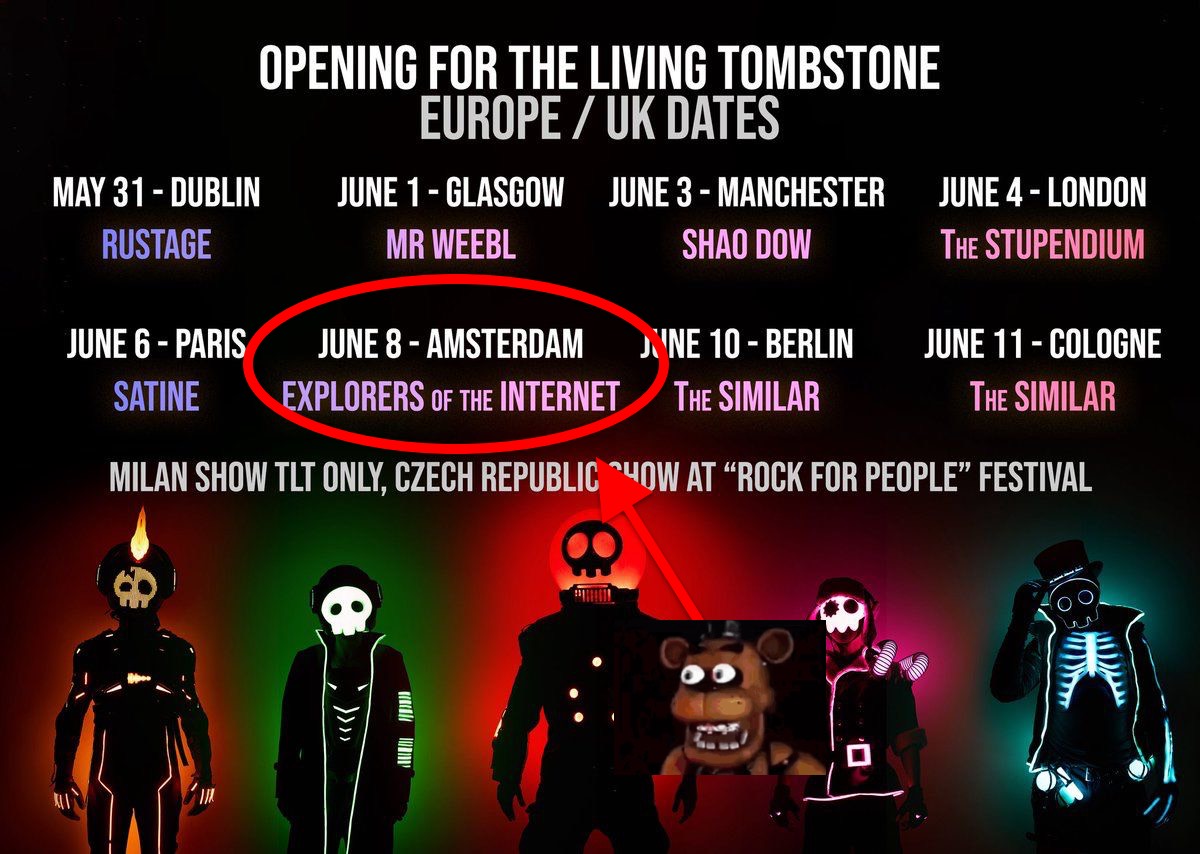 Poster for The Living Tombstone's tour, where Explorers of the Internet are opening for their Amsterdam show.